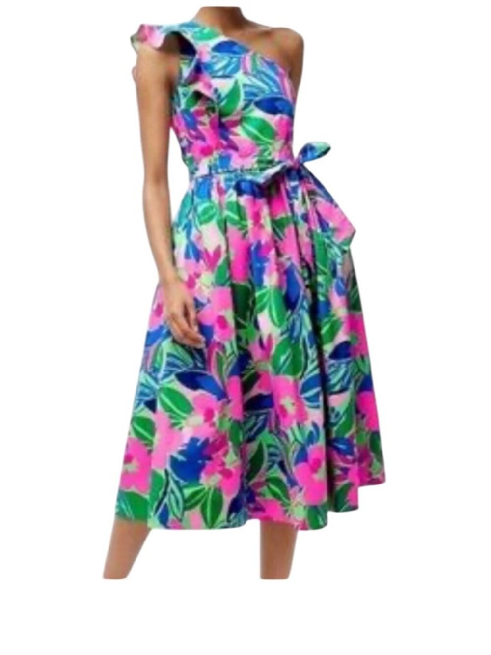 J Crew one shoulder ruffle fit flair bold color/print floral midi dress sz 20 - Picture 11 of 11